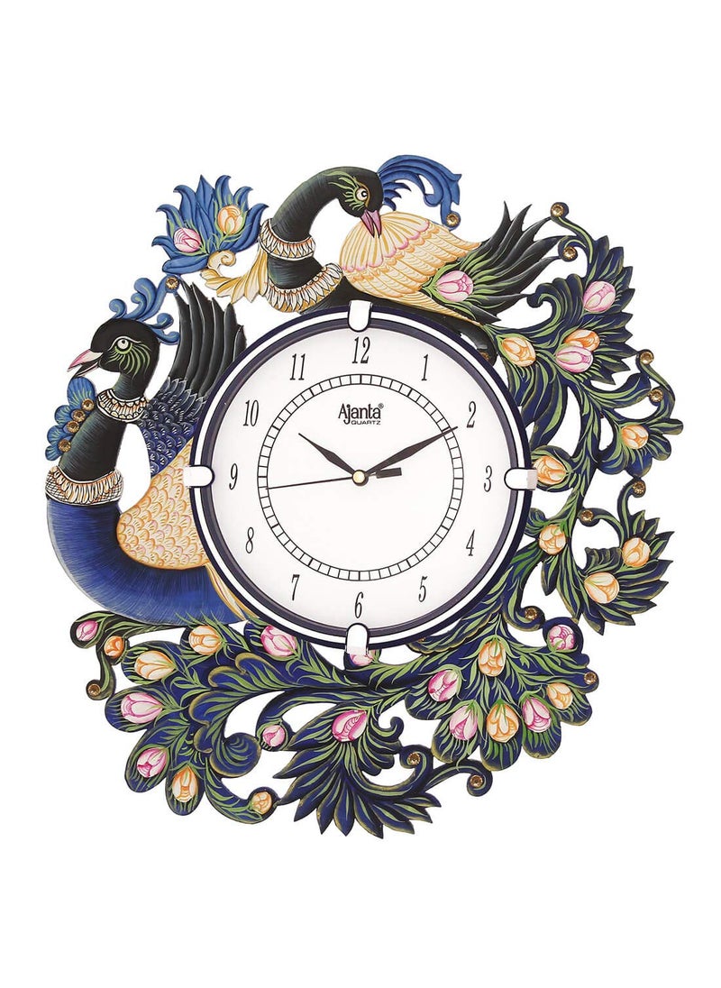 CIRCADIAN - CIRCADIAN Ajanta Wooden Analog Wall Clock Design for Home Hall Living Room Decor Office Kids Bedroom Stylish Ethnic Antique Decorative Multi Colour Peacock 36 x 33 cm Pack of 1 - Image 1
