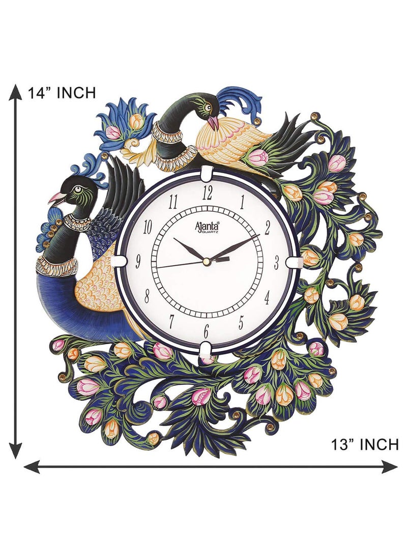 CIRCADIAN - CIRCADIAN Ajanta Wooden Analog Wall Clock Design for Home Hall Living Room Decor Office Kids Bedroom Stylish Ethnic Antique Decorative Multi Colour Peacock 36 x 33 cm Pack of 1 - Image 1