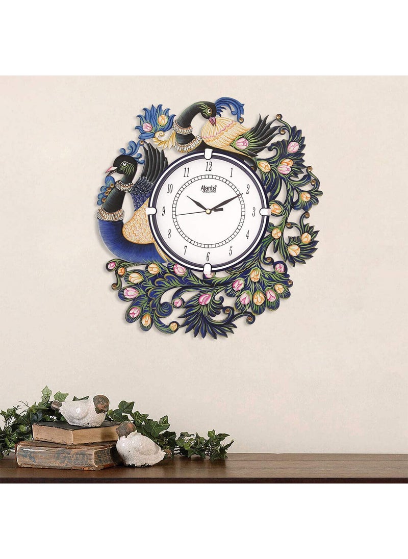 CIRCADIAN - CIRCADIAN Ajanta Wooden Analog Wall Clock Design for Home Hall Living Room Decor Office Kids Bedroom Stylish Ethnic Antique Decorative Multi Colour Peacock 36 x 33 cm Pack of 1 - Image 1
