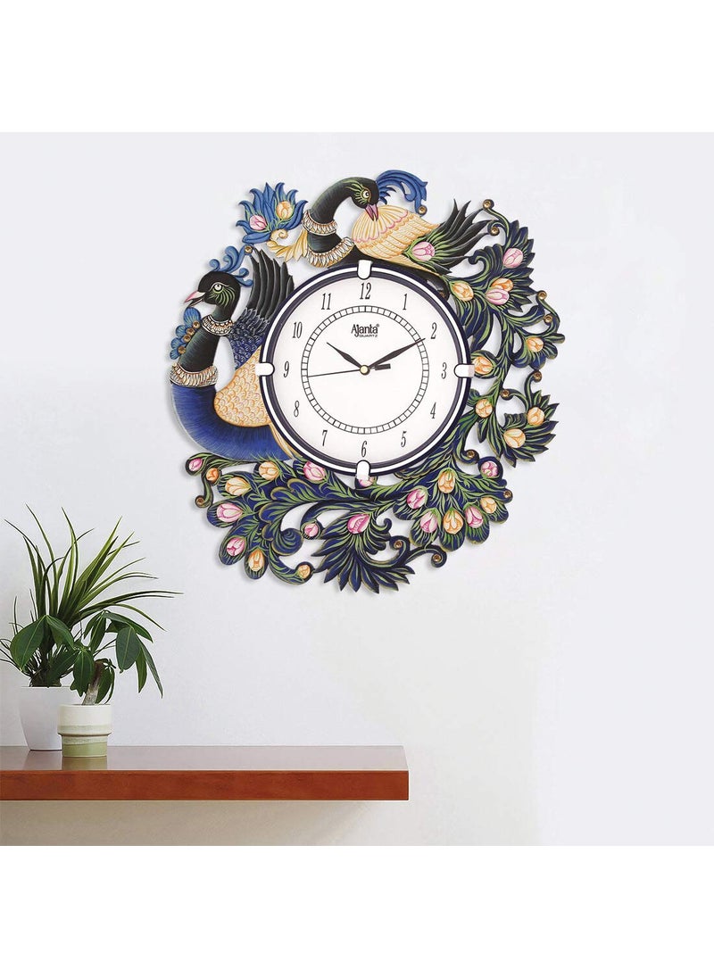 CIRCADIAN - CIRCADIAN Ajanta Wooden Analog Wall Clock Design for Home Hall Living Room Decor Office Kids Bedroom Stylish Ethnic Antique Decorative Multi Colour Peacock 36 x 33 cm Pack of 1 - Image 1