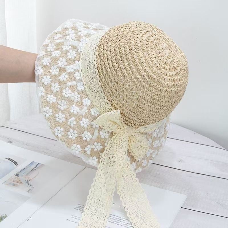 Summer Casual Straw Hat with Lace Trim - Sun Protection & Breathable Wide Brim Hat for Beach Outdoor