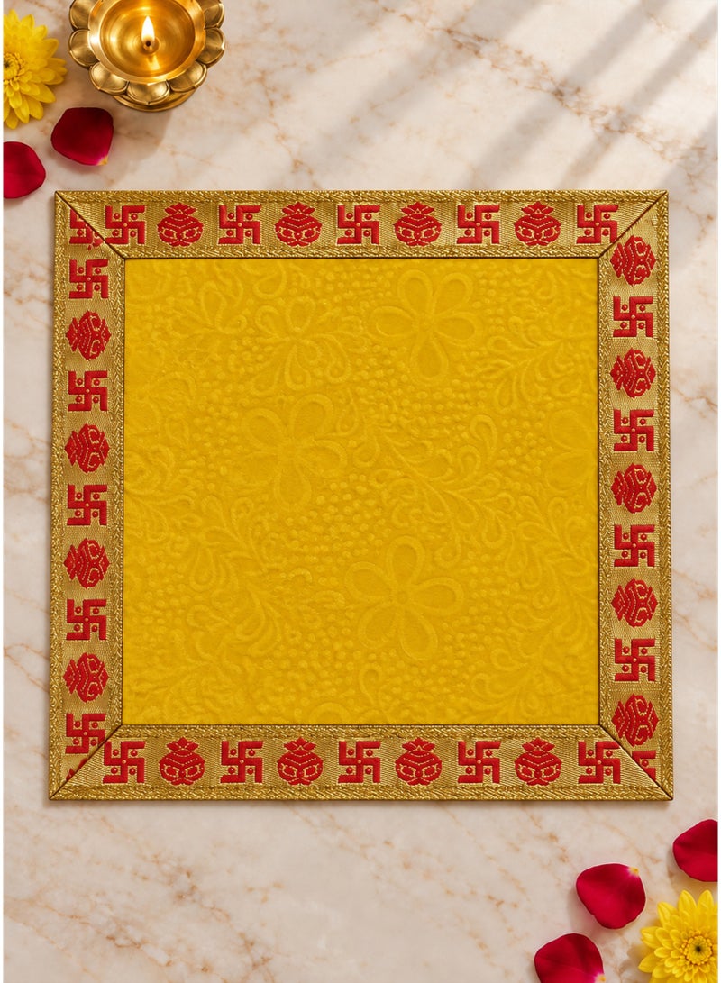 Madhoor Velvet Swastik Kalash Decorative Pooja Aasan Yellow for Pooja, Deity Idol Placement & Home Temples, 12 x 12 Inches - Image 1