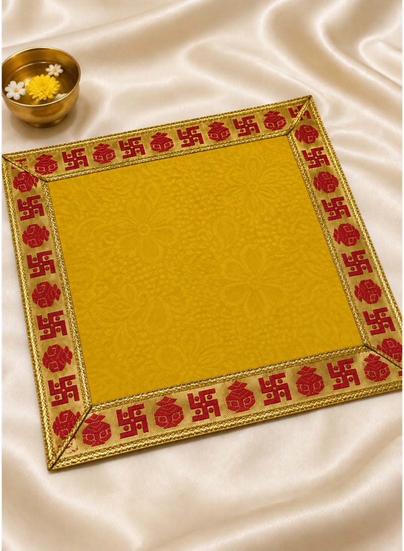 Madhoor Velvet Swastik Kalash Decorative Pooja Aasan Yellow for Pooja, Deity Idol Placement & Home Temples, 12 x 12 Inches - Image 2
