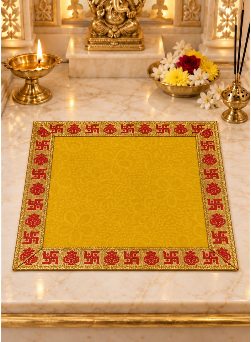 Madhoor Velvet Swastik Kalash Decorative Pooja Aasan Yellow for Pooja, Deity Idol Placement & Home Temples, 12 x 12 Inches - Image 3
