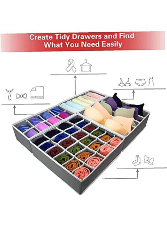 منظم أدراج من 4 قطع، منظم خزانة ملابس من القماش، صندوق تخزين ملابس داخلية قابل للطي لتوفير الوقت والمساحة، منظم حمالات صدر للقمصان، ربطات العنق، الجوارب، حمالات الصدر، الملابس الداخلية (رمادي) - Image 4