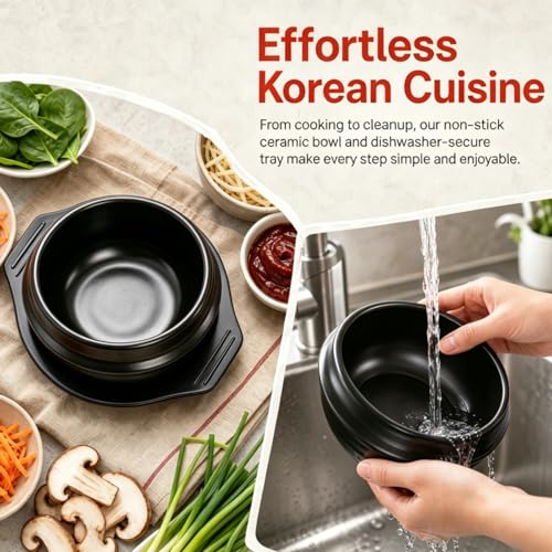 Acshio Korean Stone Bowl, Ceramic Korean Cooking Stone Pot Set with Tray, 37 Oz Dolsot Bibimbap Sizzling Hot Pot Soup Cookware for Korean Restaurants, Rice, Soup, Noodle - Image 5