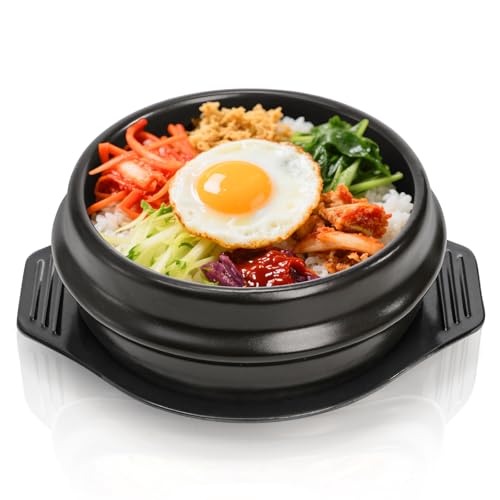 Acshio Korean Stone Bowl, Ceramic Korean Cooking Stone Pot Set with Tray, 37 Oz Dolsot Bibimbap Sizzling Hot Pot Soup Cookware for Korean Restaurants, Rice, Soup, Noodle - Image 1