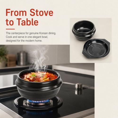 Acshio Korean Stone Bowl, Ceramic Korean Cooking Stone Pot Set with Tray, 37 Oz Dolsot Bibimbap Sizzling Hot Pot Soup Cookware for Korean Restaurants, Rice, Soup, Noodle - Image 4