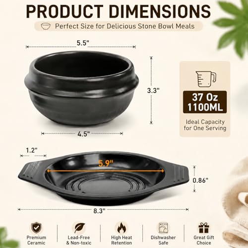 Acshio Korean Stone Bowl, Ceramic Korean Cooking Stone Pot Set with Tray, 37 Oz Dolsot Bibimbap Sizzling Hot Pot Soup Cookware for Korean Restaurants, Rice, Soup, Noodle - Image 2