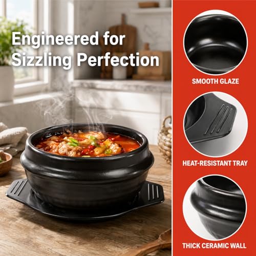 Acshio Korean Stone Bowl, Ceramic Korean Cooking Stone Pot Set with Tray, 37 Oz Dolsot Bibimbap Sizzling Hot Pot Soup Cookware for Korean Restaurants, Rice, Soup, Noodle - Image 3