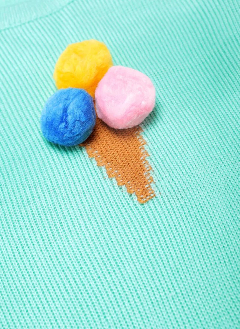 نوتيناتي كنزة شتوية للبنات بتصميم آيس كريم أخضر مع تفاصيل بوم بوم