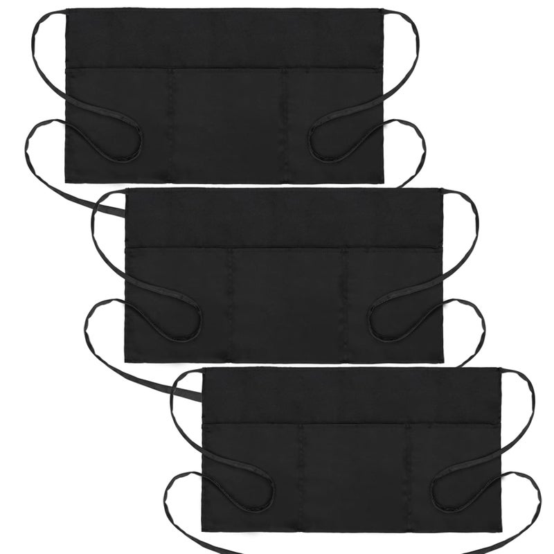 Will Well 3 Pack Waist Apron - Server Aprons with 3 Pockets - Water & Oil Resistant Waitress Apron with Pockets - Black Aprons for Servers - Half Aprons for Women with Pockets  12 Inch Server Apron with Pocket - Image 1