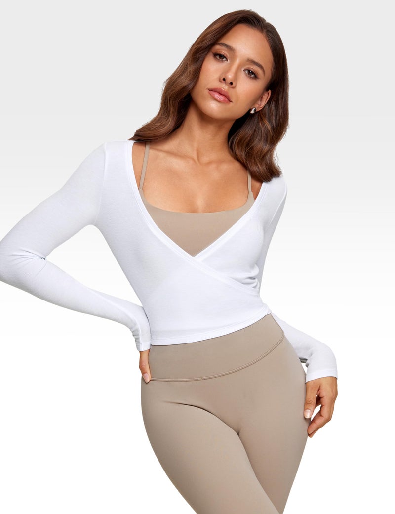 INGIA Womens V-Neck Long Sleeve Cross Wrap Top Slim Fit Soft Knit Layering Shirt Casual Yoga Gym Bandage Tie Tops White Medium - Image 4
