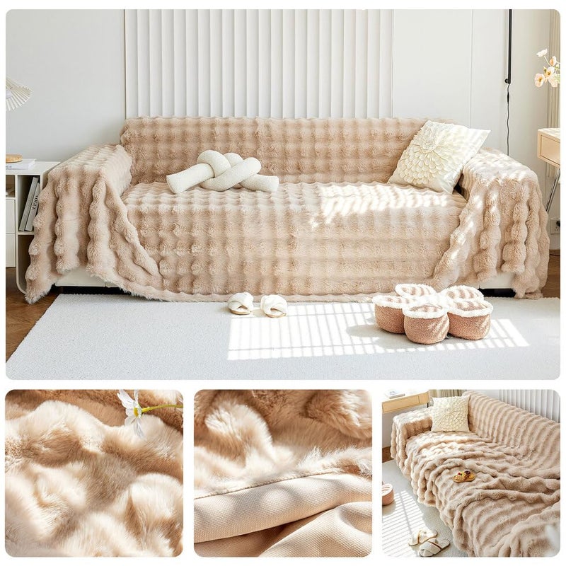 AMWAN Decorative Fuzzy Faux Rabbit Fur Couch Cover Soft Thick Throw Blanket for Couch Sofa, Plush Warm Fleece Fluffy Blanket for Winter, Luxury Cute Cozy Furry Blanket for Bed,Light Tan,71x134’’ - Image 2