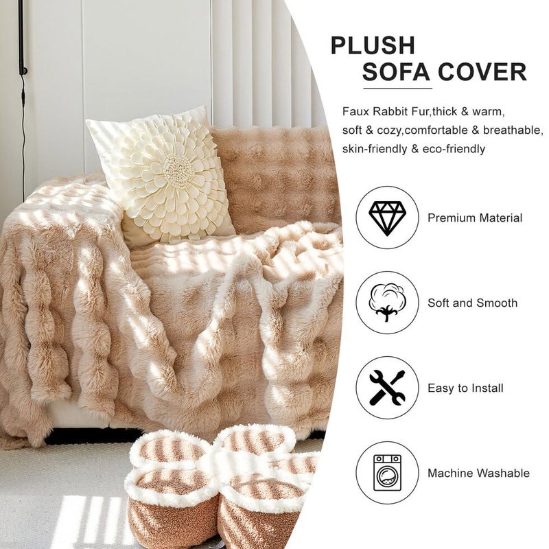 AMWAN Decorative Fuzzy Faux Rabbit Fur Couch Cover Soft Thick Throw Blanket for Couch Sofa, Plush Warm Fleece Fluffy Blanket for Winter, Luxury Cute Cozy Furry Blanket for Bed,Light Tan,71x134’’ - Image 4