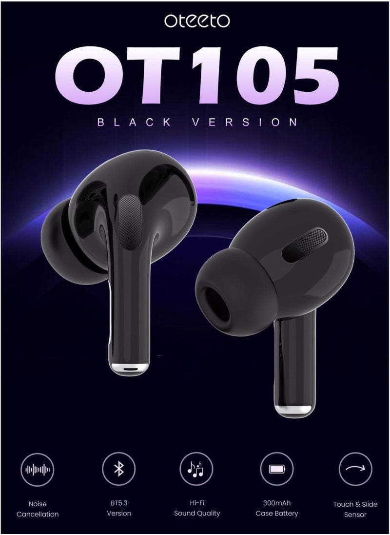 Oteeto Earbud 105 Wireless Bluetooth Earbuds, High-Fidelity Sound, Noise-Canceling Headphones, Touch Control & Long Battery Life | Black - Image 2