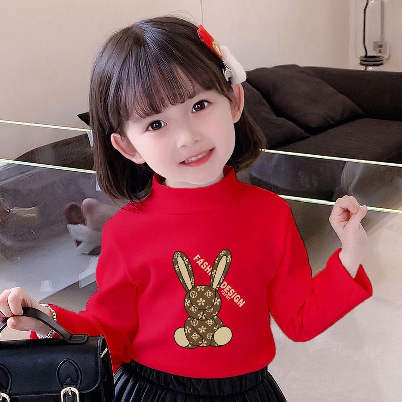 Girls' Semi-High Collar Velvet Casual Long-Sleeved T-Shirt Autumn New Arrival Medium And Large Children'S Wear Cartoon Printed Western Style Girls' Trendy T-Shirt - Image 1