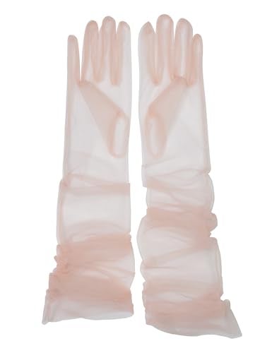 QRBTSCL Women's Wedding Bridal Mesh Tulle Gloves Long Opera Costume Party Glove 27" Elbow Length Sheer Gloves Blush - Image 1
