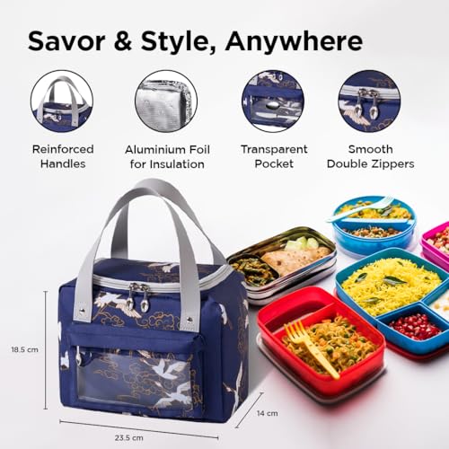 UMAI Insulated Lunch/Tiffin/Storage Bag for Kids, Women & Men | Ideal Tote Bag for Office/School/Outdoor Activities-Lightweight, Durable Handle, Front Pocket for Napkins, Cutlery (Navy Blue) - Image 2