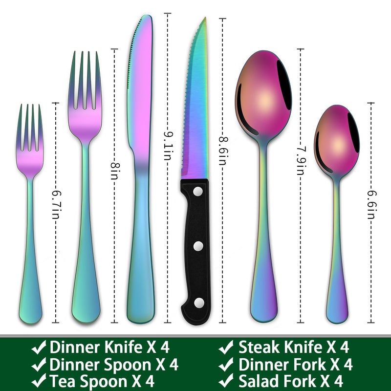 Dehov Rainbow 24 Pieces Stainless Steel Silverware Sets With Steak Knives Service For 4,Colorful Eating Utensils Set Includes Knife Spoon Fork For Kitchen Flatware Sets - Image 2