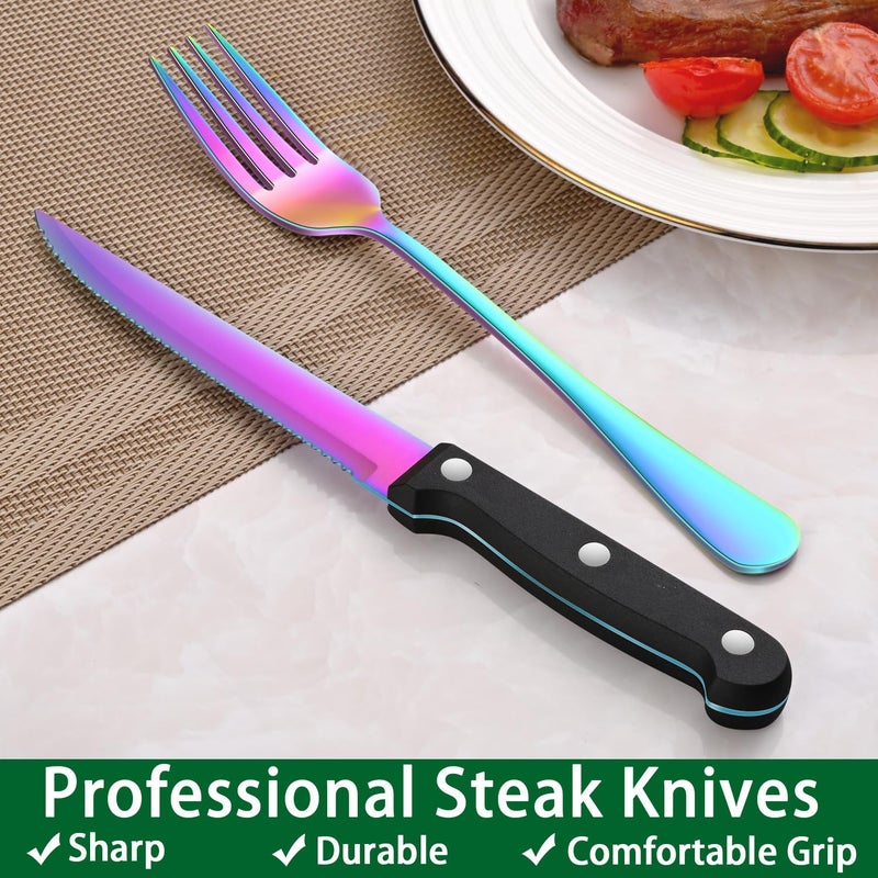 Dehov Rainbow 24 Pieces Stainless Steel Silverware Sets With Steak Knives Service For 4,Colorful Eating Utensils Set Includes Knife Spoon Fork For Kitchen Flatware Sets - Image 5