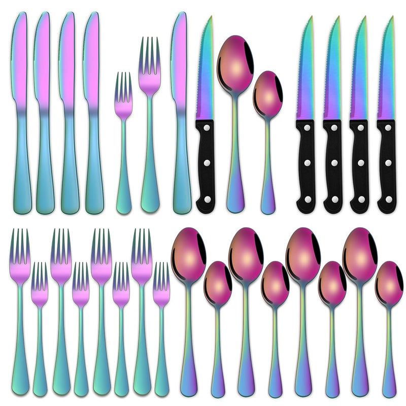 Dehov Rainbow 24 Pieces Stainless Steel Silverware Sets With Steak Knives Service For 4,Colorful Eating Utensils Set Includes Knife Spoon Fork For Kitchen Flatware Sets - Image 1