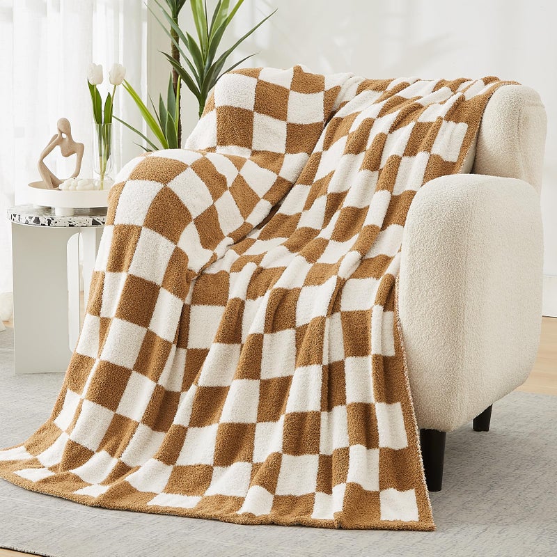 WRENSONGE Fall Checkered Throw Blanket, Burnt Orange Soft Cozy Fluffy Warm Hand Made Throw Blankets for Couch, Sofa, Chair, Bed, Camping, Picnic, Travel Lightweight Bed Blanket - 50"*70" - Image 5
