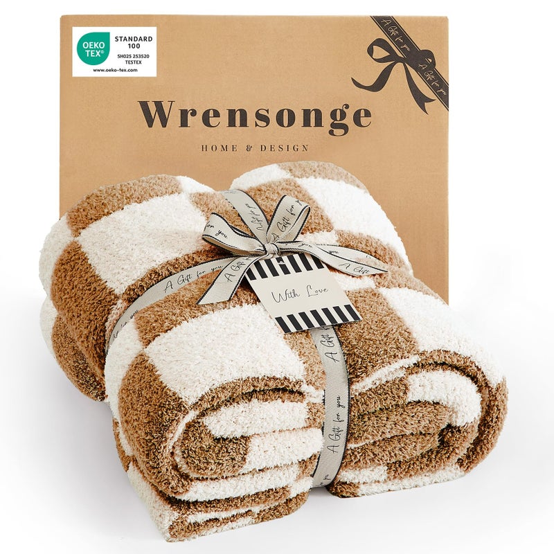 WRENSONGE Fall Checkered Throw Blanket, Burnt Orange Soft Cozy Fluffy Warm Hand Made Throw Blankets for Couch, Sofa, Chair, Bed, Camping, Picnic, Travel Lightweight Bed Blanket - 50"*70" - Image 1