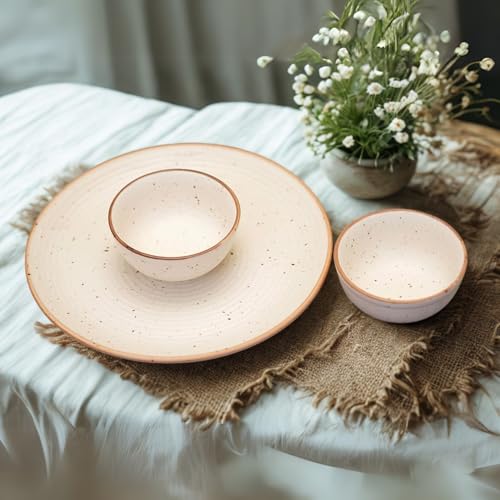 Freakway Handcrafted Ceramic Stoneware Cream White Dinner Plates 10 Inches with Serving Bowl Set of 3 Pieces | 1 Dinner Plates with 2 Bowls | Dishwasher & Microwave Safe - Off White - Image 1
