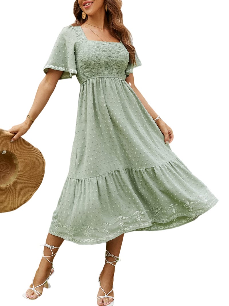 Glamaker Womens Summer Casual Short Sleeve Smocked Square Neck A Line Flowy Midi Dress Midi Dress