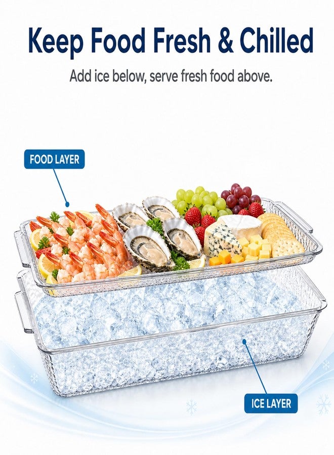 daslich 2 Pack Chilled Serving Tray with Ice Chamber, Clear PET Appetizer Platter Set with Stainless Steel Tongs, Fruit Forks & Ice Scoop, Cold Food Tray for Seafood, Fruit, BBQ & Pool Parties - Image 2