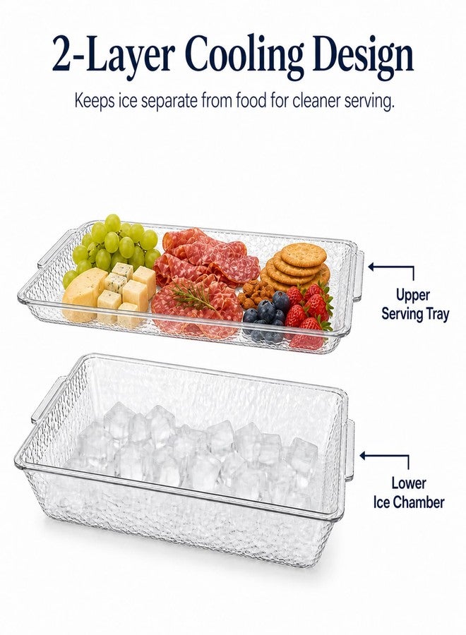 daslich 2 Pack Chilled Serving Tray with Ice Chamber, Clear PET Appetizer Platter Set with Stainless Steel Tongs, Fruit Forks & Ice Scoop, Cold Food Tray for Seafood, Fruit, BBQ & Pool Parties - Image 3