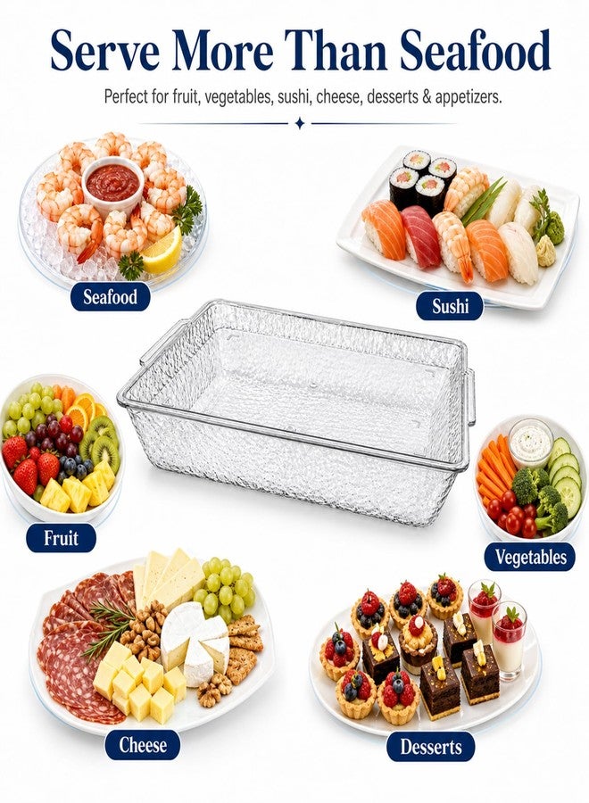 daslich 2 Pack Chilled Serving Tray with Ice Chamber, Clear PET Appetizer Platter Set with Stainless Steel Tongs, Fruit Forks & Ice Scoop, Cold Food Tray for Seafood, Fruit, BBQ & Pool Parties - Image 4