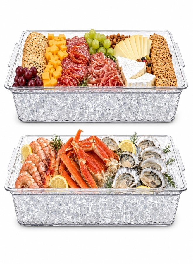 daslich 2 Pack Chilled Serving Tray with Ice Chamber, Clear PET Appetizer Platter Set with Stainless Steel Tongs, Fruit Forks & Ice Scoop, Cold Food Tray for Seafood, Fruit, BBQ & Pool Parties - Image 1