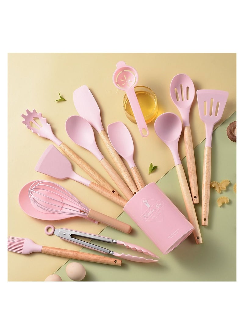 NIBEMINENT 14-Piece Silicone Utensils Wooden Handle Barreled Cooking Set Pink/Brown  - Image 1