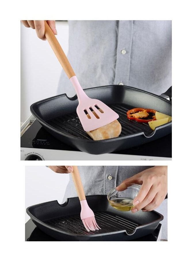 NIBEMINENT 14-Piece Silicone Utensils Wooden Handle Barreled Cooking Set Pink/Brown  - Image 2