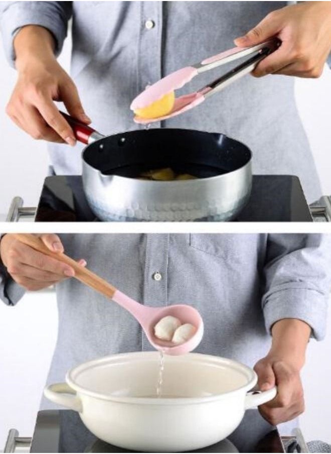 NIBEMINENT 14-Piece Silicone Utensils Wooden Handle Barreled Cooking Set Pink/Brown  - Image 4