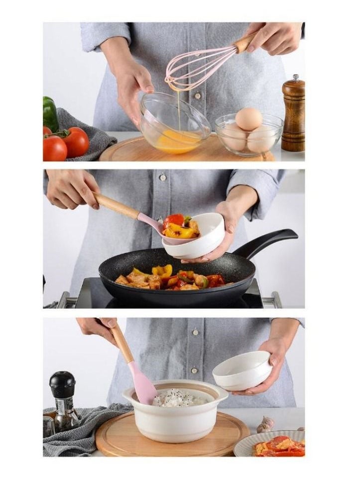 NIBEMINENT 14-Piece Silicone Utensils Wooden Handle Barreled Cooking Set Pink/Brown  - Image 5