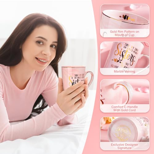 Doublewhale Sister Gifts - Sister Birthday Gifts Christmas Birthday Gift for Soul Sisters, 14Oz Pink Marble Ceramic Gold Print Coffee Mug with Spoon Lid Card, Nice Box - Image 3