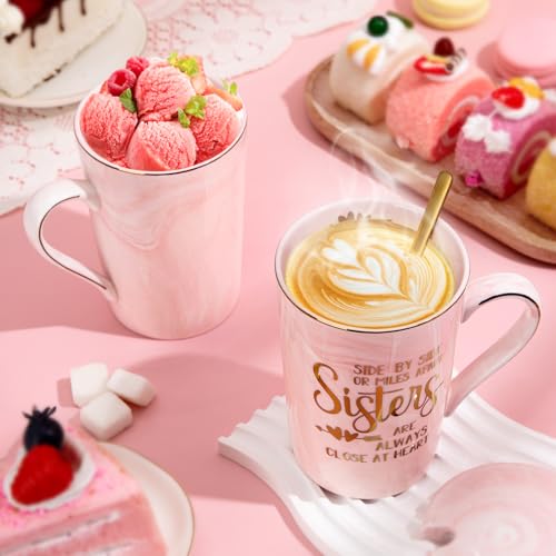 Doublewhale Sister Gifts - Sister Birthday Gifts Christmas Birthday Gift for Soul Sisters, 14Oz Pink Marble Ceramic Gold Print Coffee Mug with Spoon Lid Card, Nice Box - Image 4
