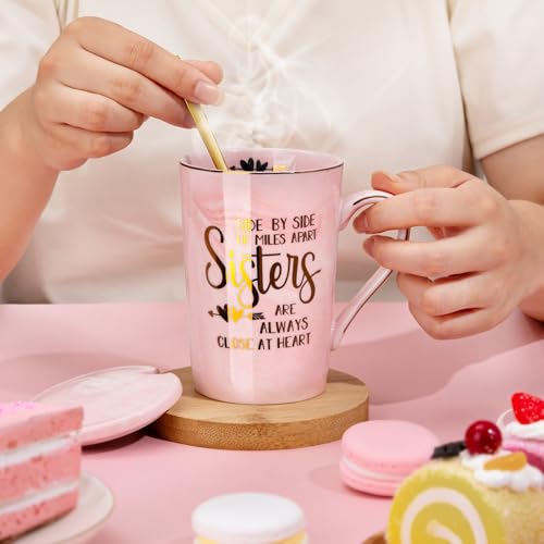 Doublewhale Sister Gifts - Sister Birthday Gifts Christmas Birthday Gift for Soul Sisters, 14Oz Pink Marble Ceramic Gold Print Coffee Mug with Spoon Lid Card, Nice Box - Image 5