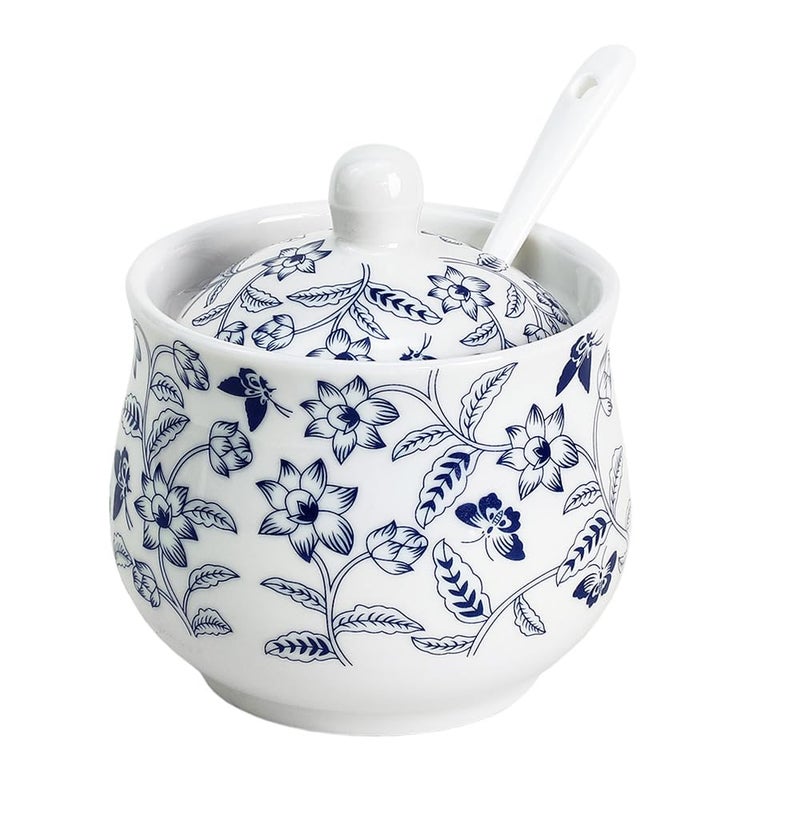 123Arts Ceramic Sugar Bowl Blue and White Flower Jar Salt Pepper Storage Jar with Lid And Spoon 