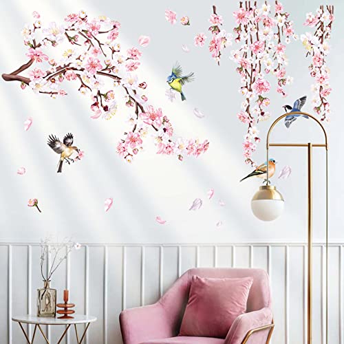 decalmile Cherry Blossom Branch Wall Stickers Pink Flower Birds Wall Decals Bedroom Living Room TV Wall Home Decor - Image 1