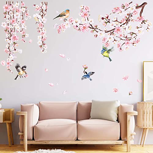 decalmile Cherry Blossom Branch Wall Stickers Pink Flower Birds Wall Decals Bedroom Living Room TV Wall Home Decor - Image 3