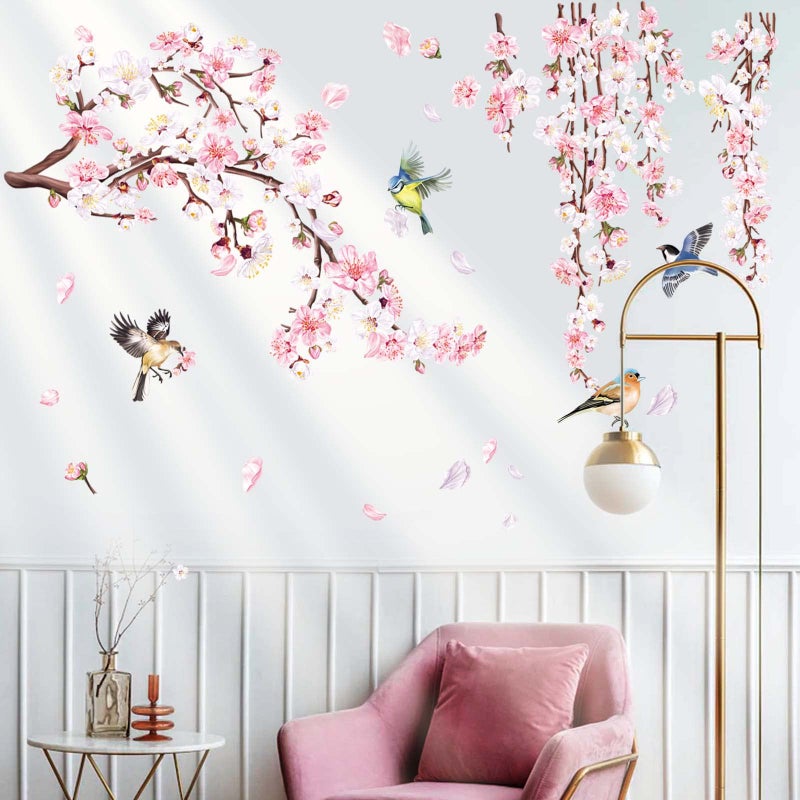 decalmile Cherry Blossom Branch Wall Stickers Pink Flower Birds Wall Decals Bedroom Living Room TV Wall Home Decor - Image 2