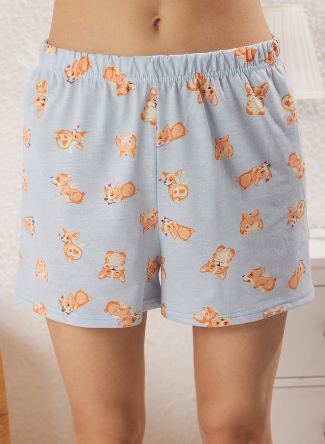 trendyol Blue Animal Patterned Knitted Pajama Set with Shorts - Image 4