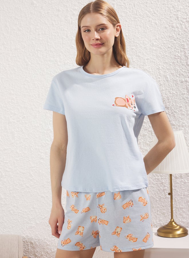 trendyol Blue Animal Patterned Knitted Pajama Set with Shorts - Image 2
