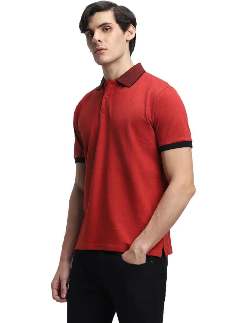 دينيس لينغو Rust Slim Fit Solid Polo Collar T-shirt for Men - 100% Cotton, Short Sleeve, Casual