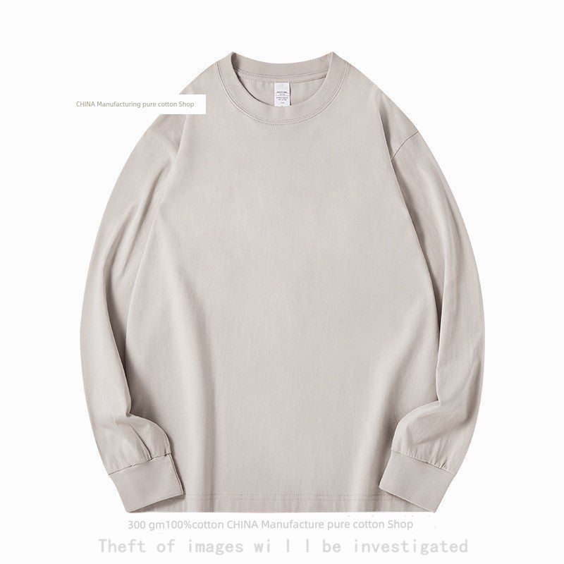 Cotton 300g heavy pure cotton long-sleeved t-shirt for men and women, pure white loose top with thick undershirt - Image 1