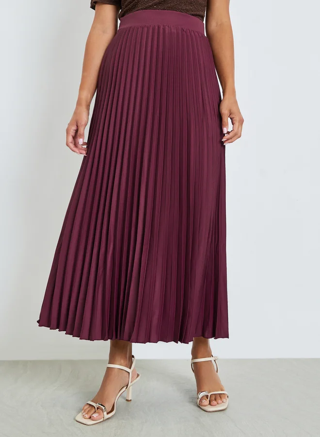 Styli Burgundy Pleated A-Line Midi Skirt
